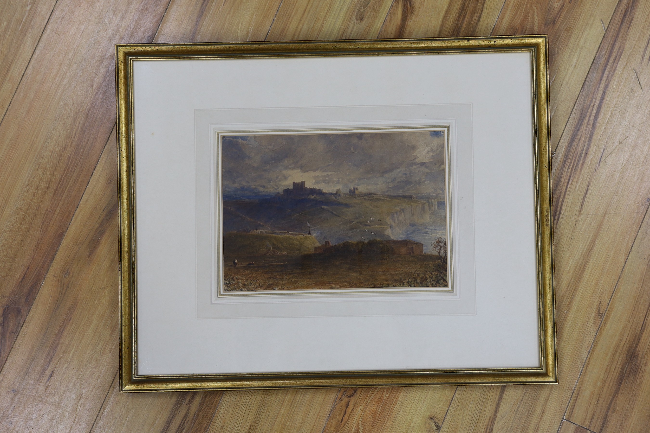 James Wilson Carmichael (1800-1868), watercolour, Dover Castle seen from the west, label verso, 23 x 34cm